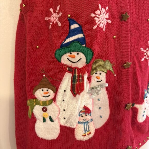 VINTAGE Red Snowman Christmas Sweater Vest | PL | Faux Fur Collar - Picture 5 of 13